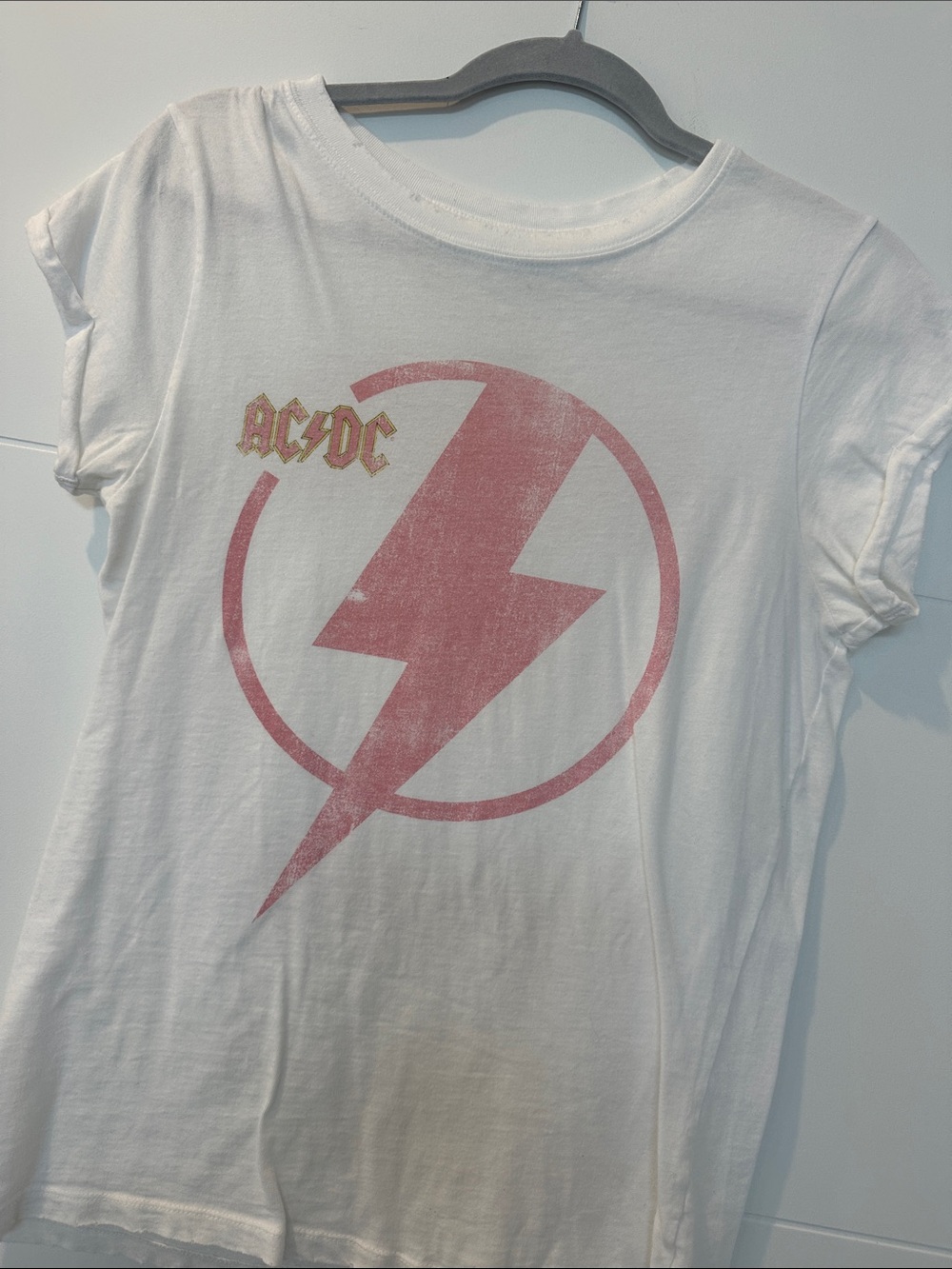 AC/DC White Graphic Tee with Pink Lightning Bolt